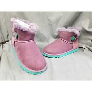 UGG K Mini Bailey Button Slip-On Boots Suede Purple/Green Size 3 NEW NO BOX!